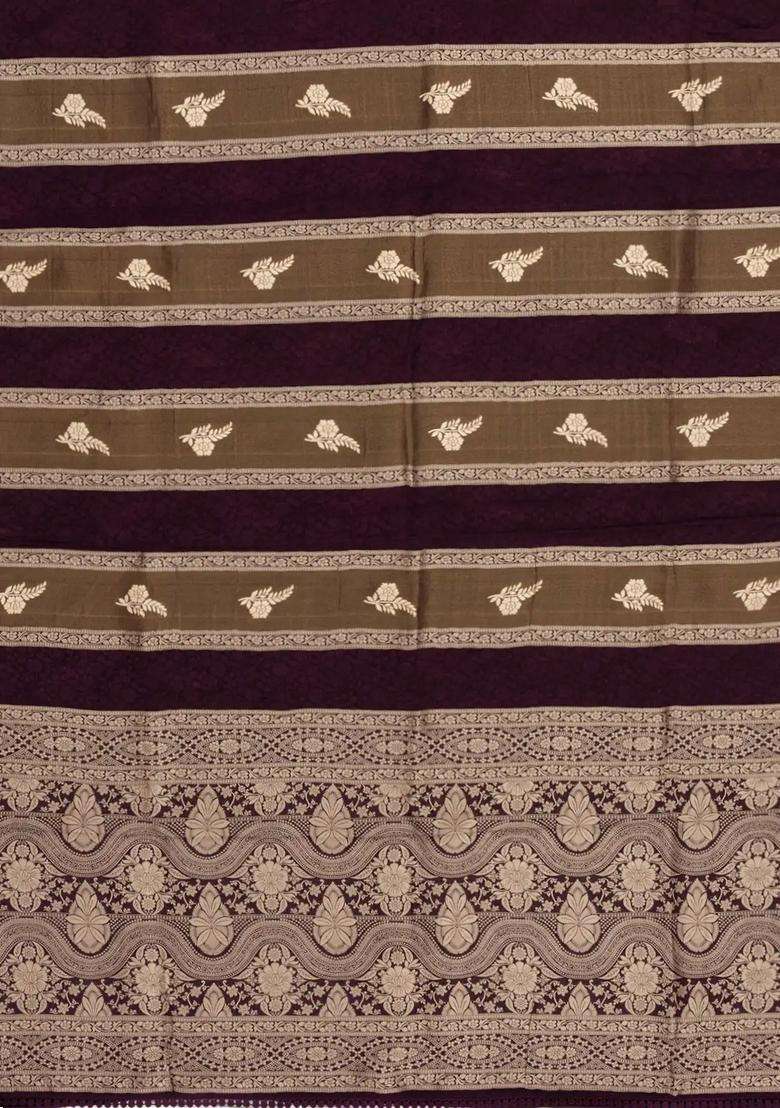 Dark Maroon Woven Synthetic Satin Art Silk Saree With Floral Zari Motifs With Buttas And Brocade Design For Women - Indya