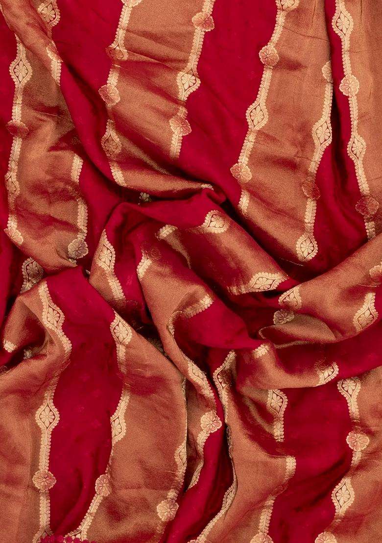 Red Woven Synthetic Satin Art Silk Saree With Floral Zari Motifs With Buttas And Brocade Design For Women - Indya
