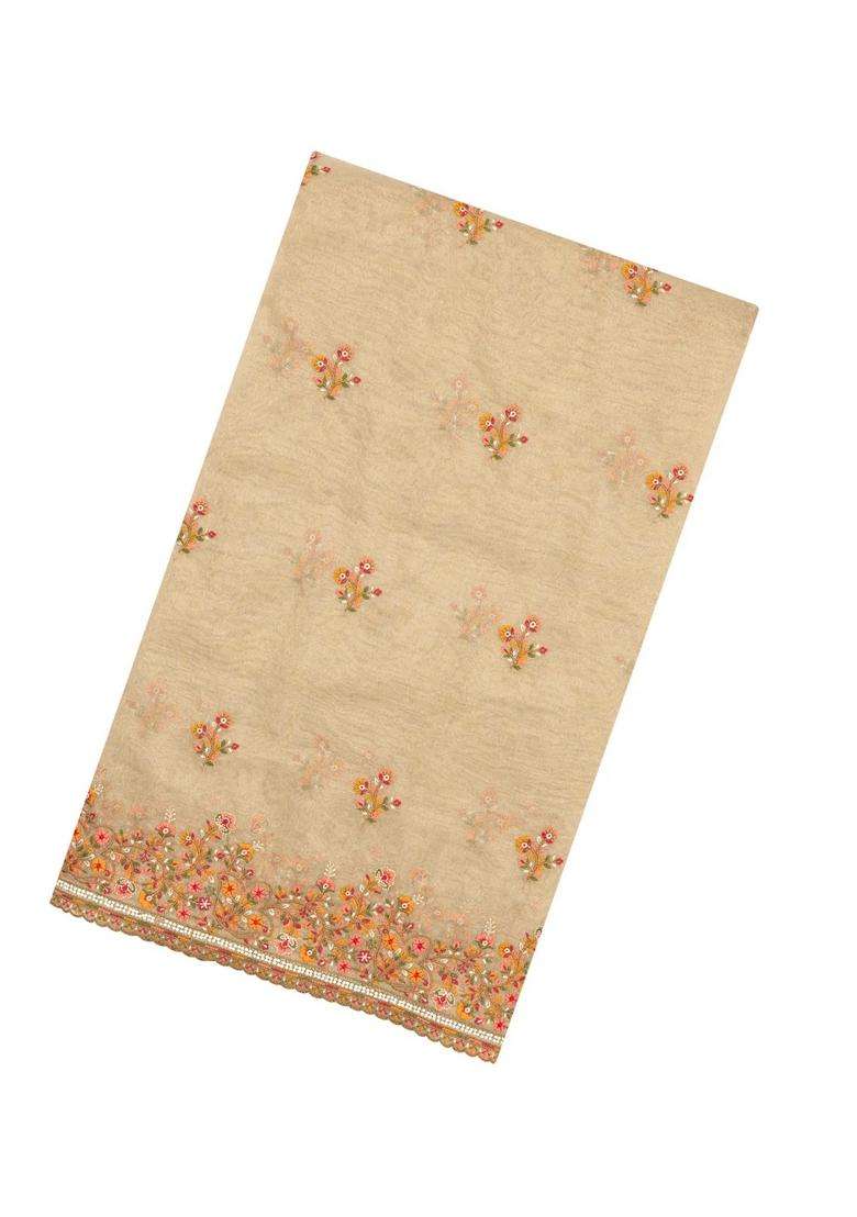 Taupe Woven Blended Tissue Saree With Embroidered Meena Floral Motifs For Women - Indya