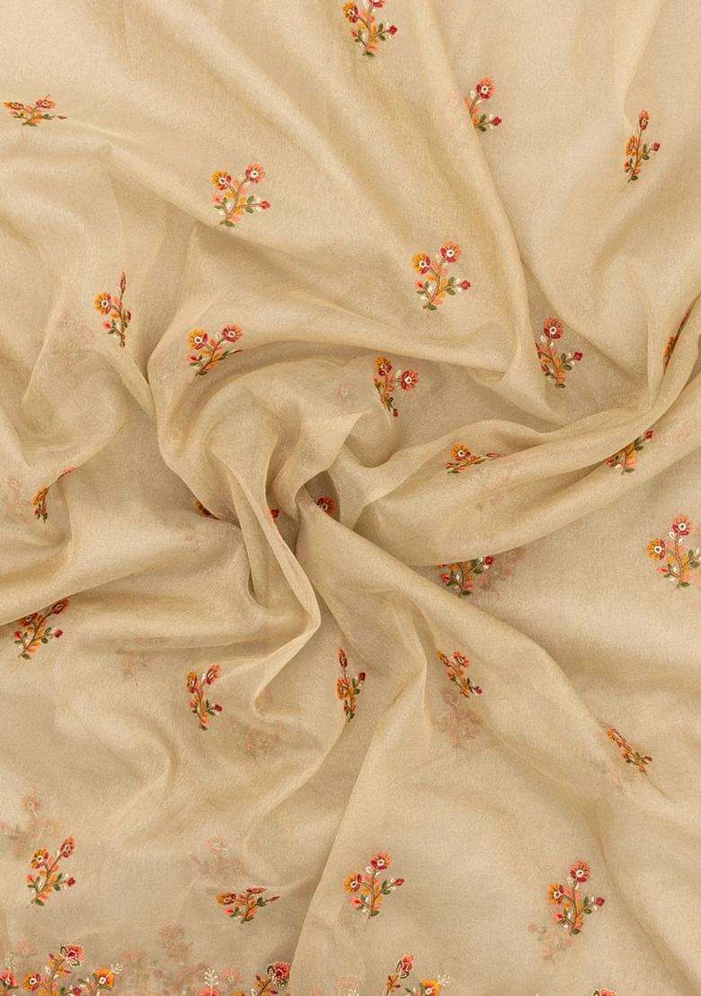 Taupe Woven Blended Tissue Saree With Embroidered Meena Floral Motifs For Women - Indya