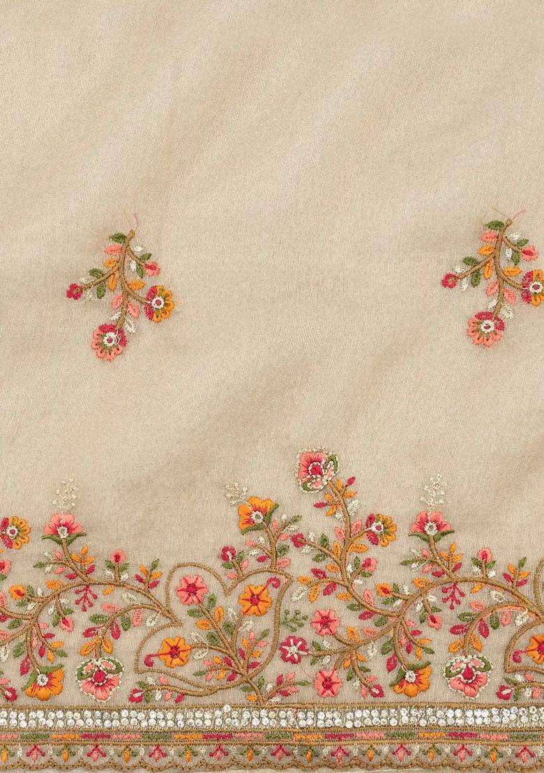 Taupe Woven Blended Tissue Saree With Embroidered Meena Floral Motifs For Women - Indya