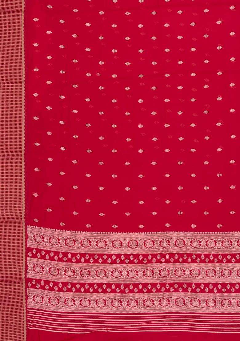 Red Woven Synthetic Dola Silk Saree With Printed Floral Motifs For Women - Indya