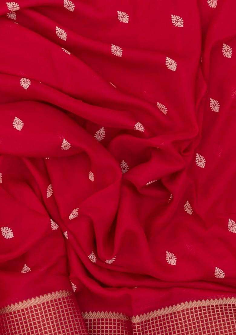 Red Woven Synthetic Dola Silk Saree With Printed Floral Motifs For Women - Indya