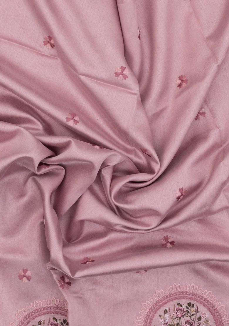 Dusty Pink Woven Art Tussar Saree With Printed Embroidered Floral Motifs For Women - Indya