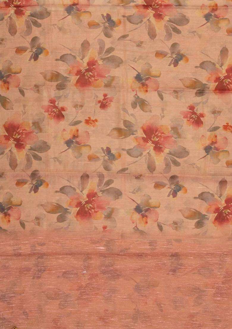 Peach Woven Synthetic Cotton Art Silk Saree With Printed Floral Motifs For Women - Indya