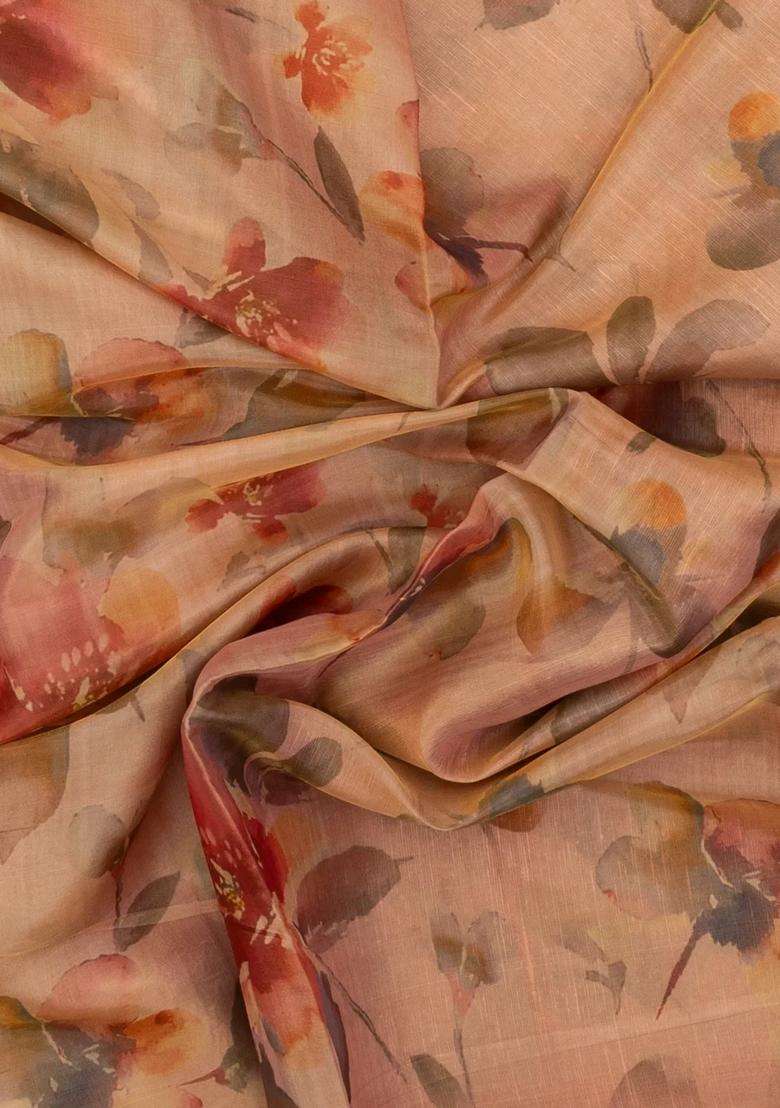 Peach Woven Synthetic Cotton Art Silk Saree With Printed Floral Motifs For Women - Indya