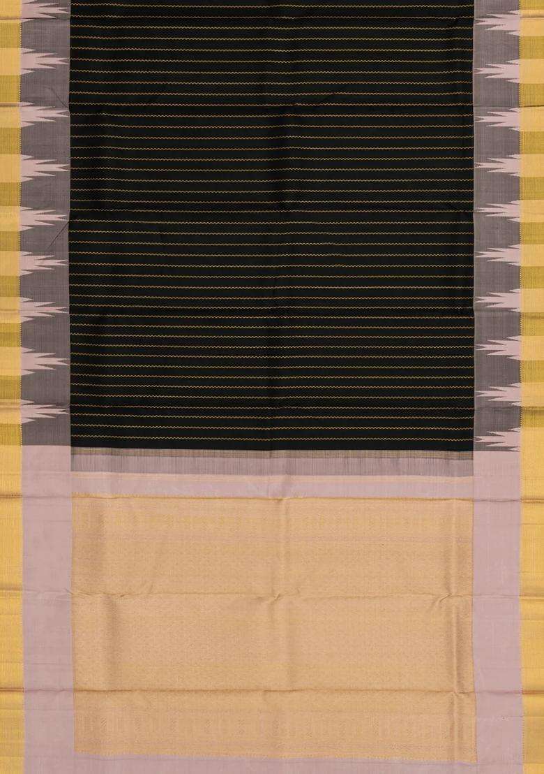 Black Handloom Kanchipuram Silk Saree With Stripes Contrast Border With Checks And Stripes Design For Women - Indya