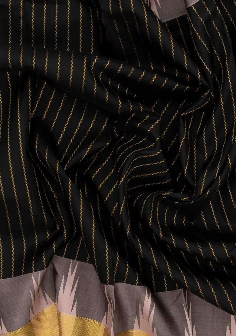 Black Handloom Kanchipuram Silk Saree With Stripes Contrast Border With Checks And Stripes Design For Women - Indya