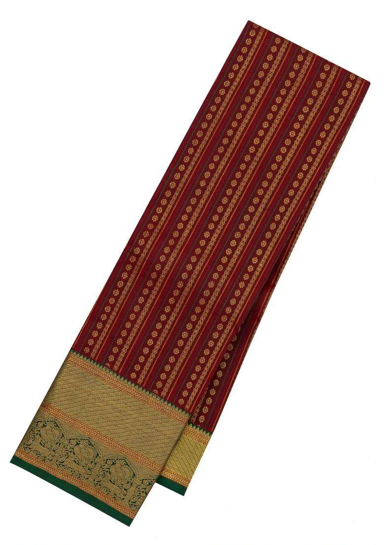 Dark Grey Handloom Kanchipuram Silk Saree With Floral Stripes With Checks And Stripes Design For Women - Indya