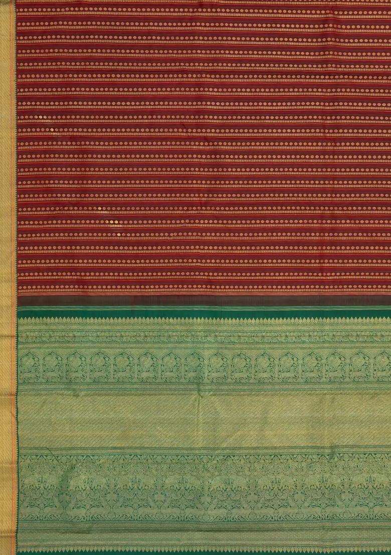 Dark Grey Handloom Kanchipuram Silk Saree With Floral Stripes With Checks And Stripes Design For Women - Indya