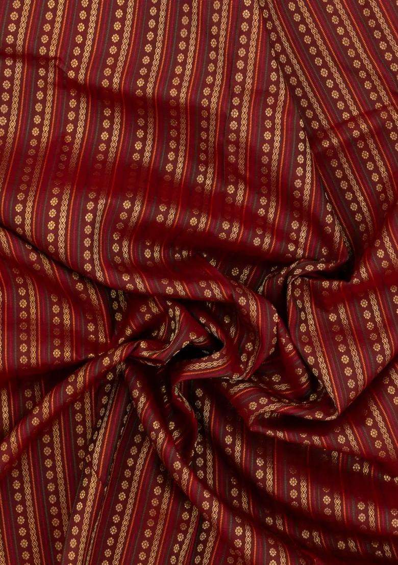 Dark Grey Handloom Kanchipuram Silk Saree With Floral Stripes With Checks And Stripes Design For Women - Indya