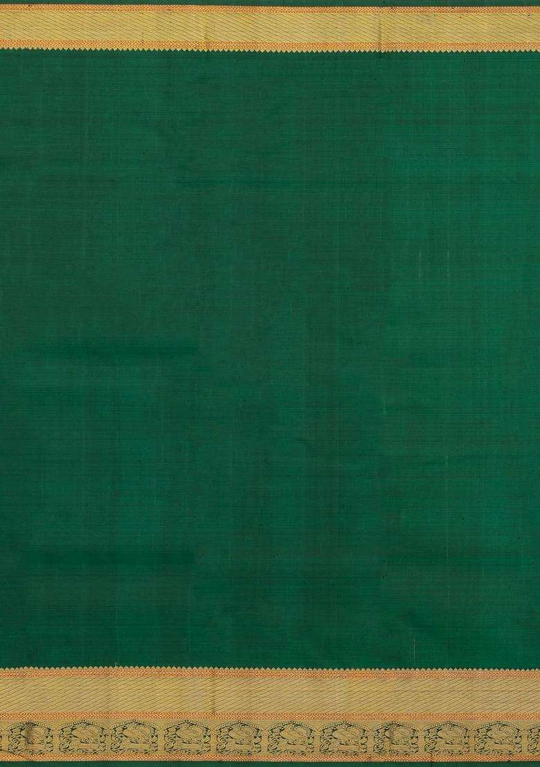 Dark Grey Handloom Kanchipuram Silk Saree With Floral Stripes With Checks And Stripes Design For Women - Indya