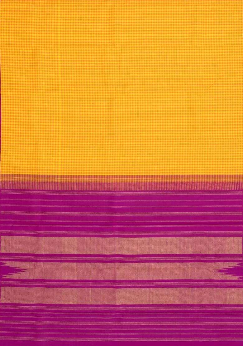 Yellow Handloom Korvai Kanchipuram Silk Saree With Silk Checks With Korvai And Temple Border Design For Women - Indya