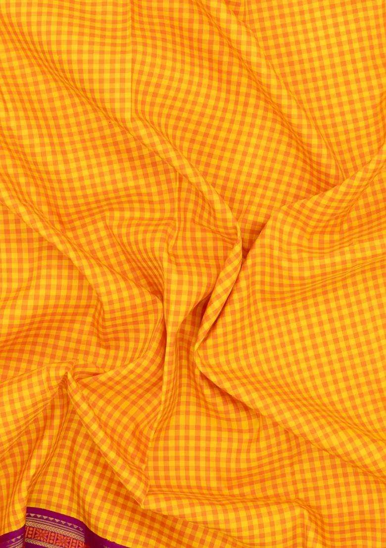 Yellow Handloom Korvai Kanchipuram Silk Saree With Silk Checks With Korvai And Temple Border Design For Women - Indya