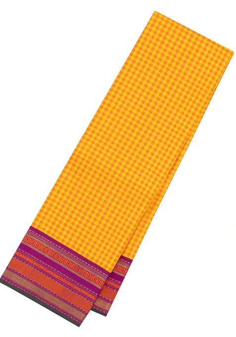 Yellow Handloom Korvai Kanchipuram Silk Saree With Silk Checks With Korvai And Temple Border Design For Women