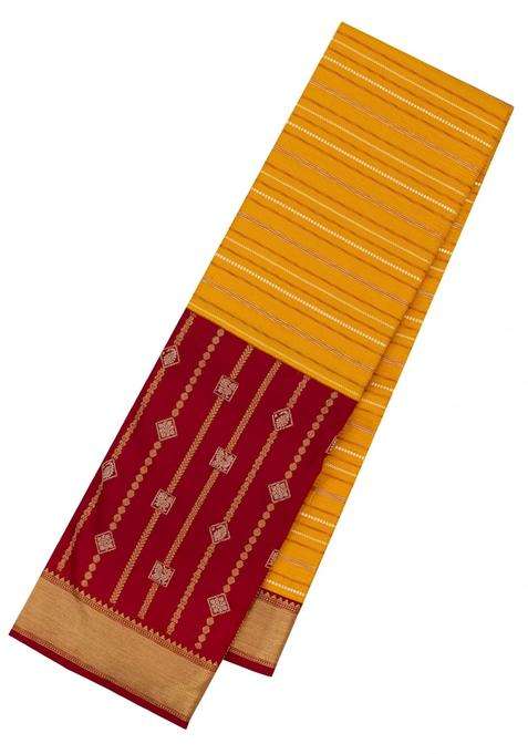 Mustard Handloom Korvai Kanchipuram Silk Saree With Stripes Contrast Border With Korvai And Temple Border Design For Women
