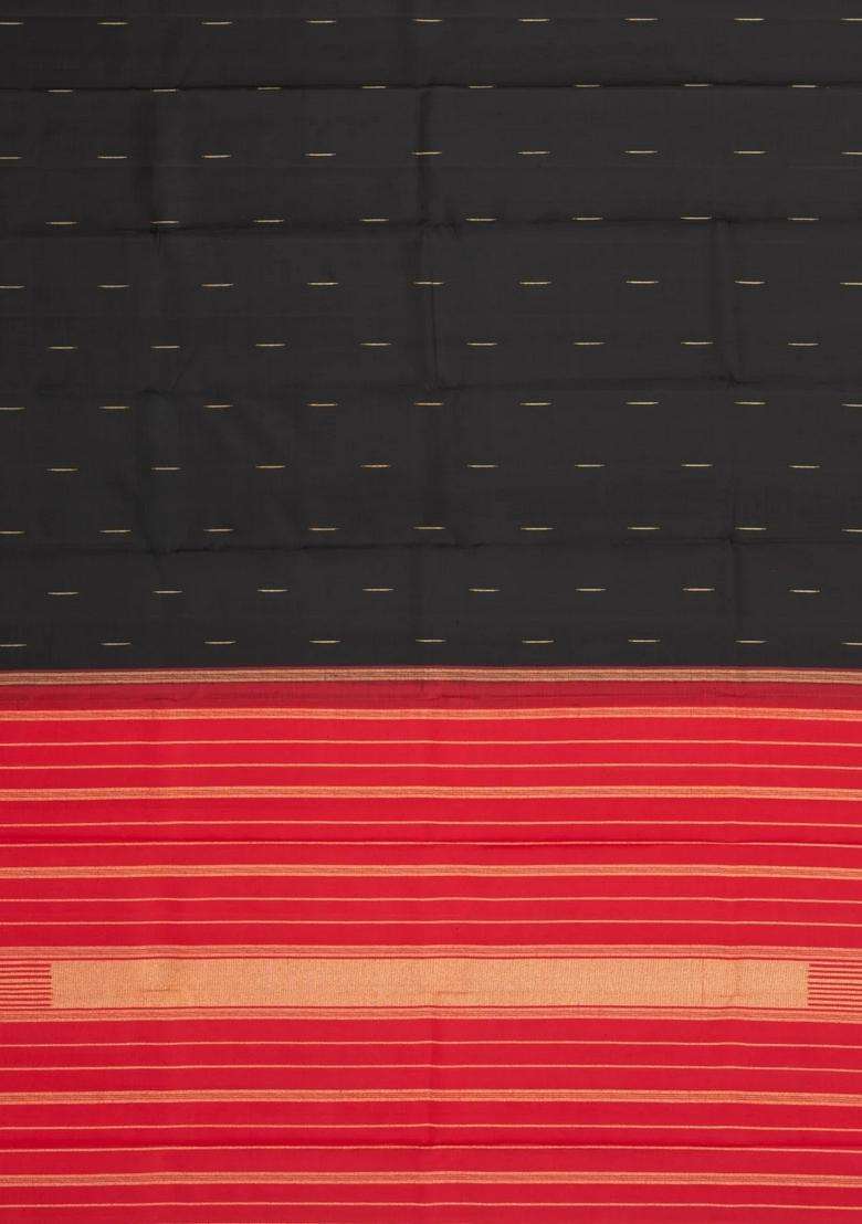 Black Handloom Korvai Kanchipuram Silk Saree With Raindrop Buttas With Korvai And Temple Border Design For Women - Indya