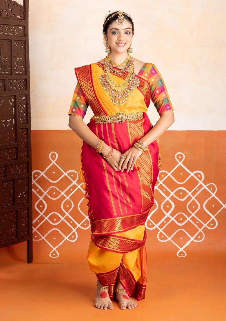 Yellow Handloom Korvai Kanchipuram 9 Yards Silk Saree With Crimson Border With Korvai And Temple Border Design For Women - Indya