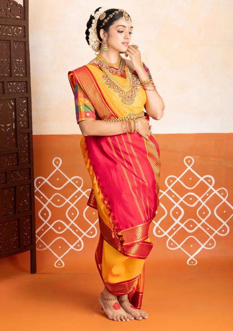 Yellow Handloom Korvai Kanchipuram 9 Yards Silk Saree With Crimson Border With Korvai And Temple Border Design For Women - Indya