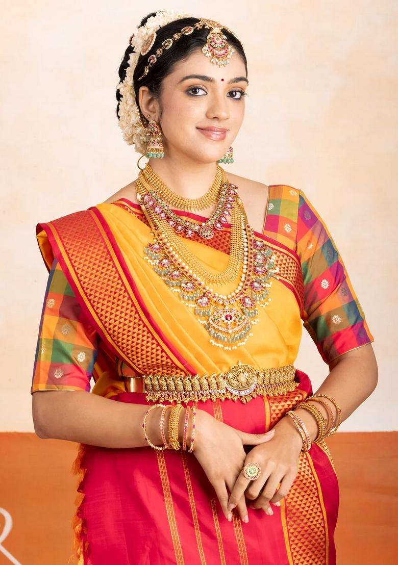 Yellow Handloom Korvai Kanchipuram 9 Yards Silk Saree With Crimson Border With Korvai And Temple Border Design For Women - Indya