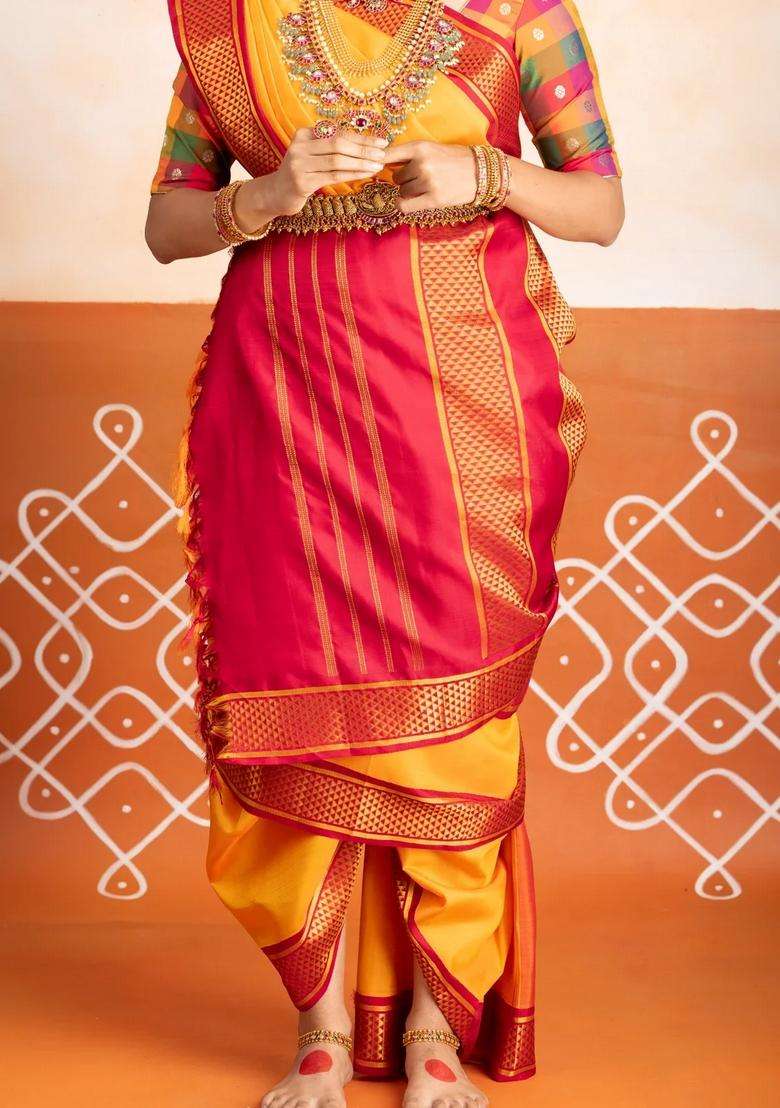 Yellow Handloom Korvai Kanchipuram 9 Yards Silk Saree With Crimson Border With Korvai And Temple Border Design For Women - Indya