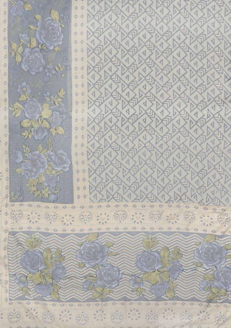Grey Woven Synthetic Brasso Art Silk Saree With Printed Floral Motifs For Women - Indya