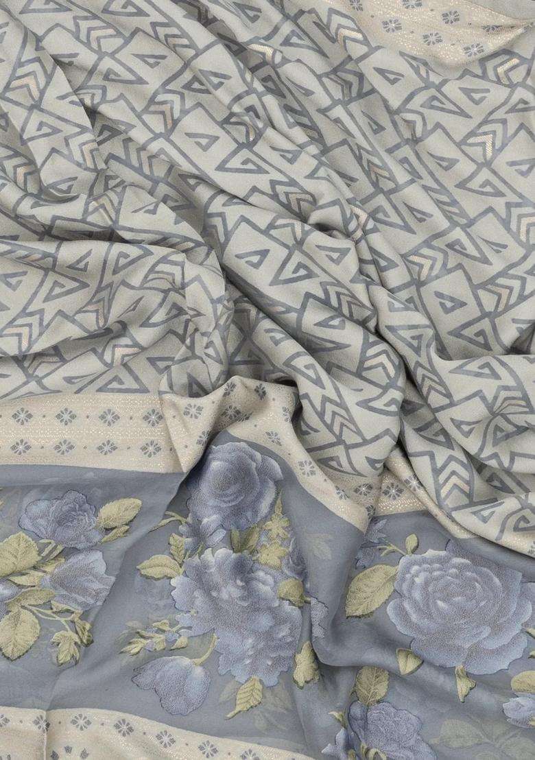 Grey Woven Synthetic Brasso Art Silk Saree With Printed Floral Motifs For Women - Indya