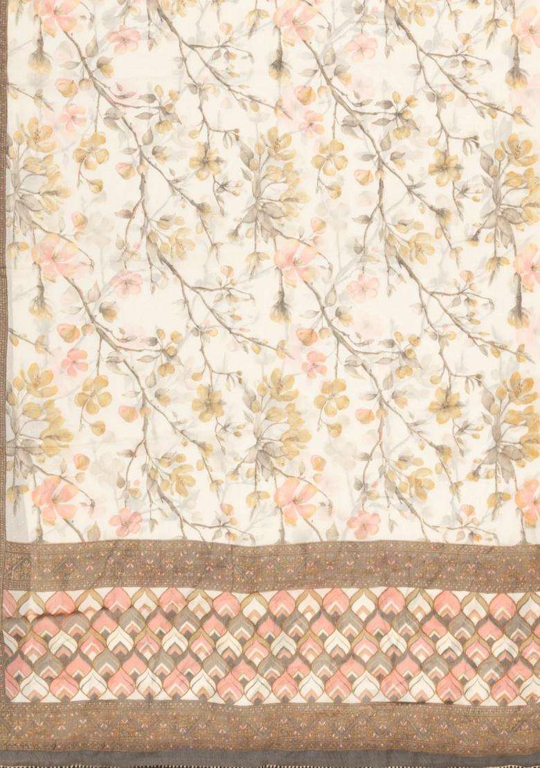 Off White Woven Synthetic Brasso Art Silk Saree With Printed Floral Motifs For Women - Indya