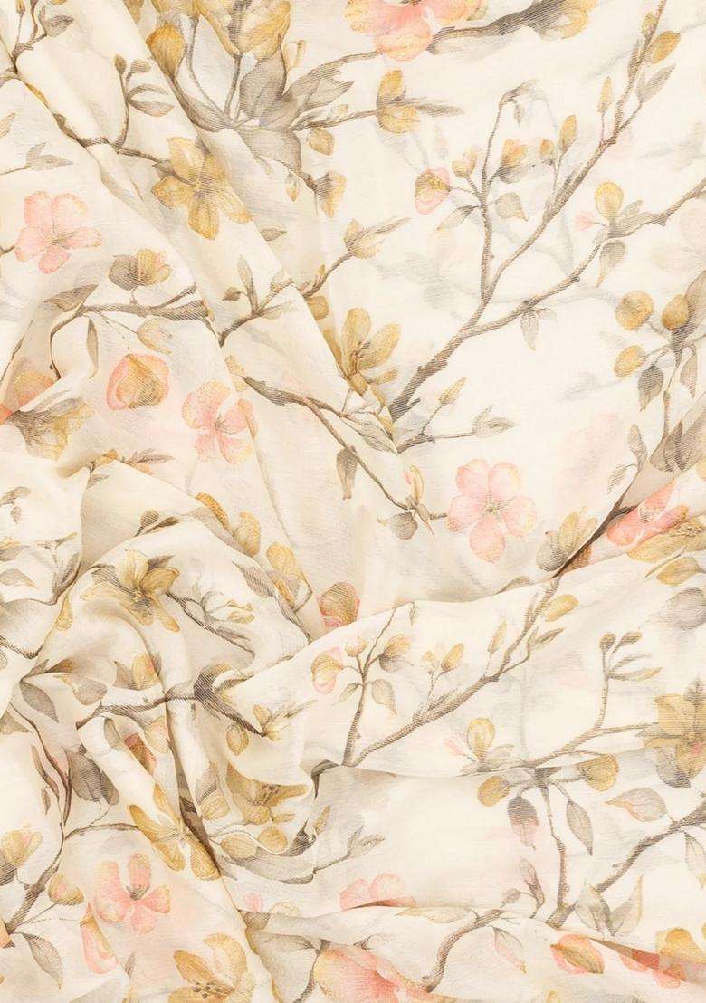 Off White Woven Synthetic Brasso Art Silk Saree With Printed Floral Motifs For Women - Indya