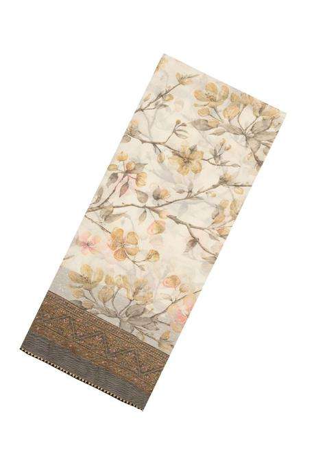 Off White Woven Synthetic Brasso Art Silk Saree With Printed Floral Motifs For Women