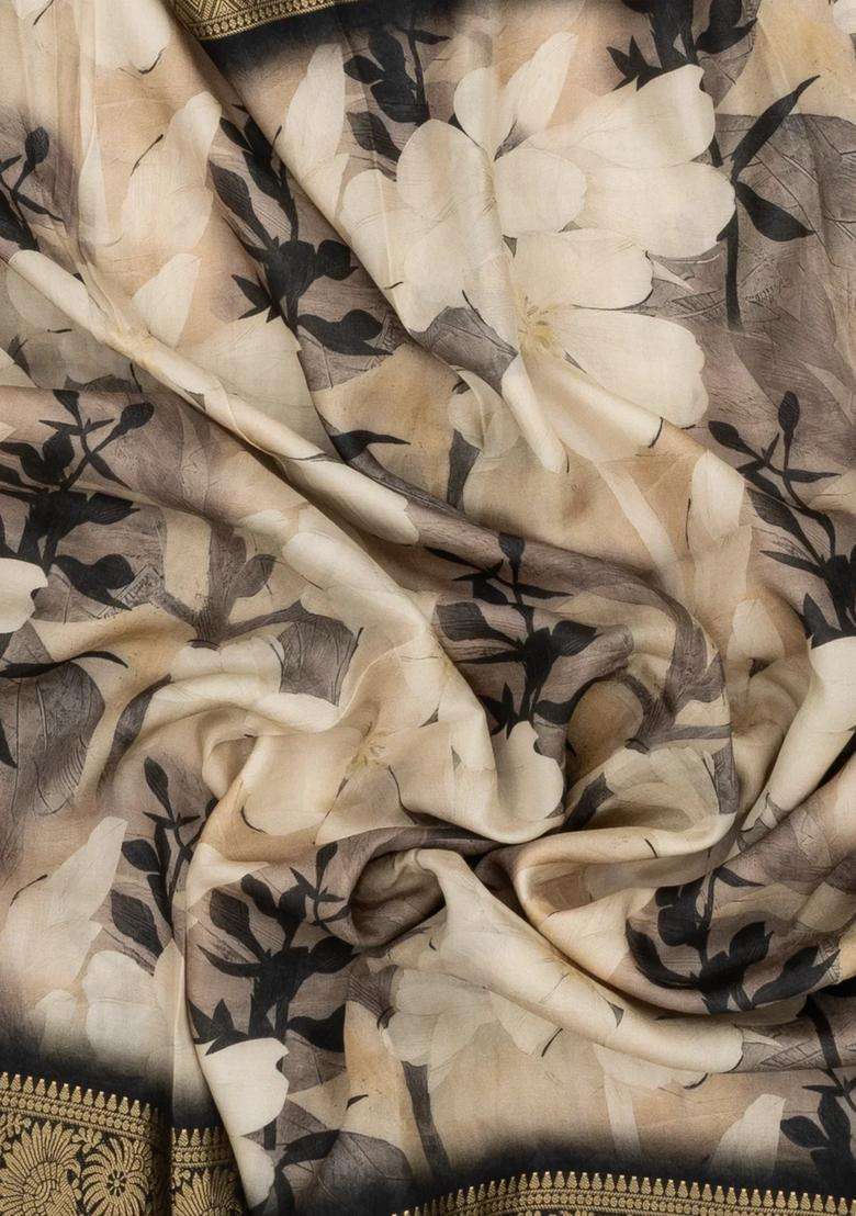 Black Woven Synthetic Viscose Art Silk Saree With Printed Floral Motifs For Women - Indya
