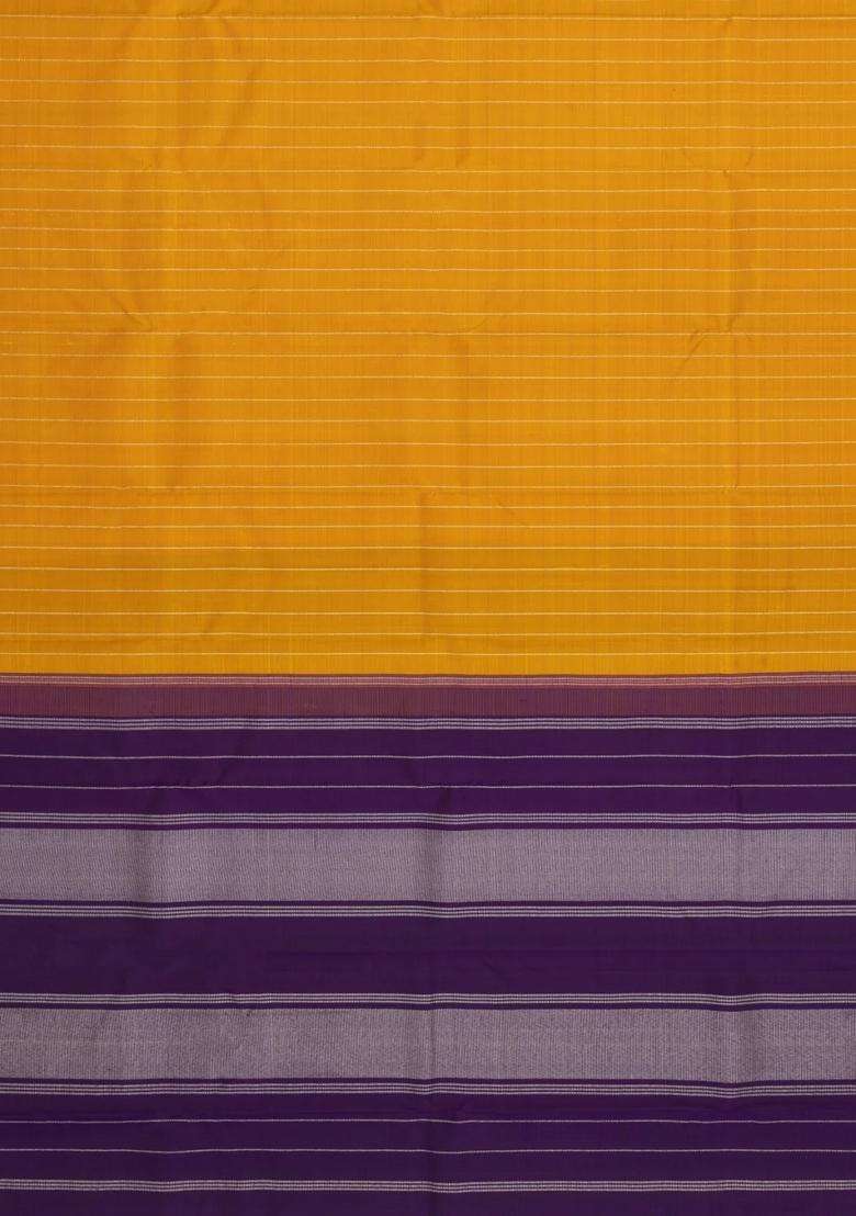 Purple Handloom Kanchipuram Silk Saree With Stripes Contrast Pallu With Checks And Stripes Design For Women - Indya