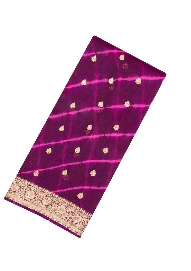 Deep Purple Dark Purple Woven Organza Saree With Tie Dye Motifs With Buttas And Brocade Design For Women - Indya