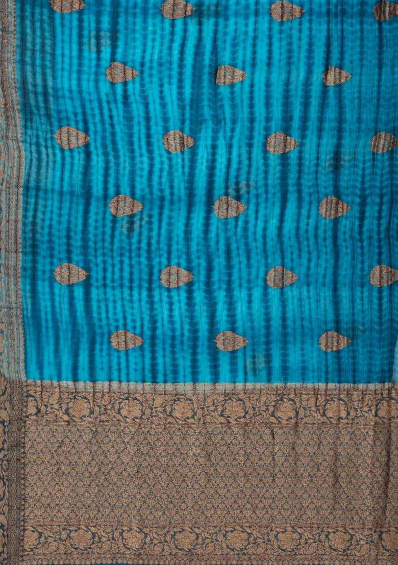 Cyan Woven Organza Saree With Tie Dye Motifs With Buttas And Brocade Design For Women - Indya