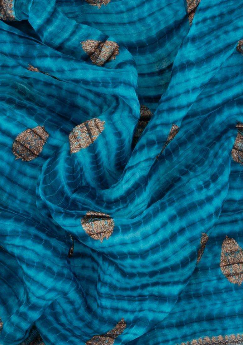 Cyan Woven Organza Saree With Tie Dye Motifs With Buttas And Brocade Design For Women - Indya