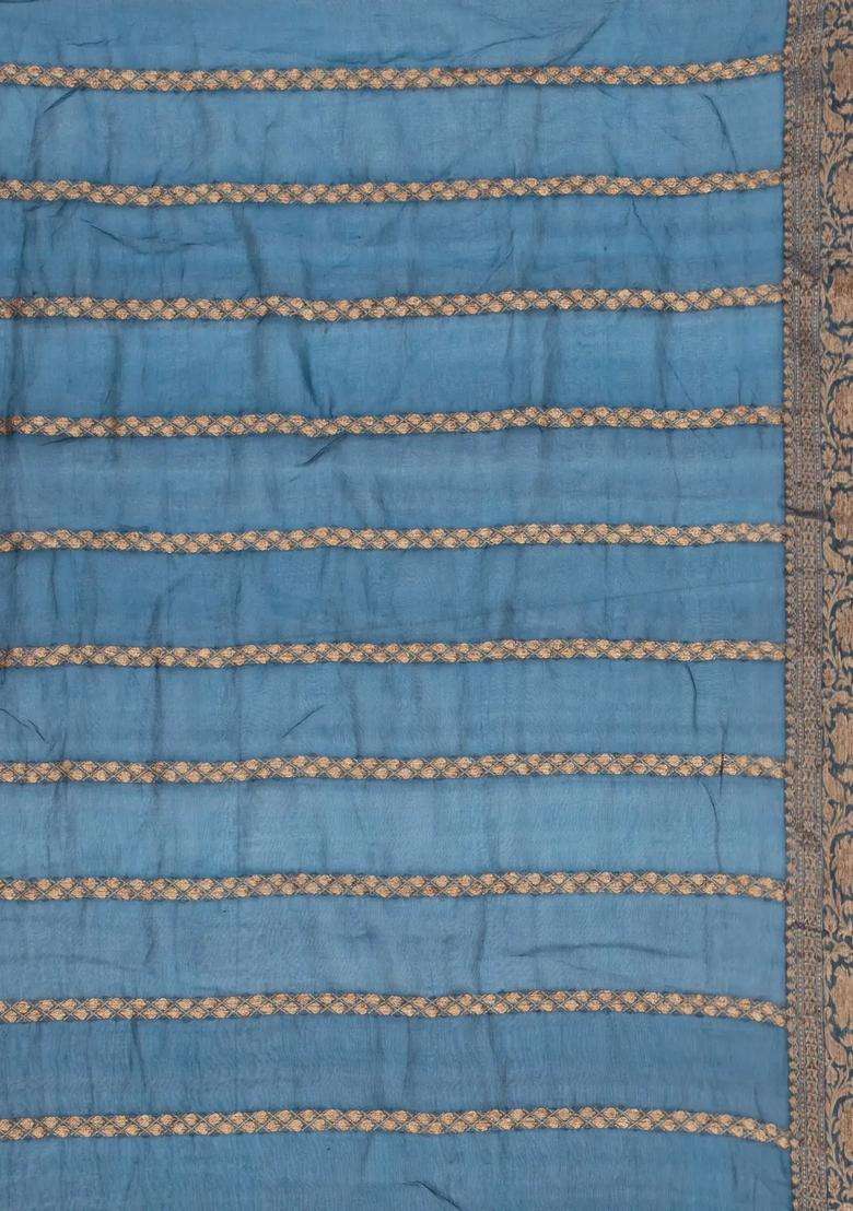 Cyan Woven Organza Saree With Tie Dye Motifs With Buttas And Brocade Design For Women - Indya