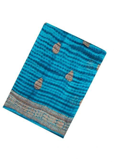 Cyan Woven Organza Saree With Tie Dye Motifs With Buttas And Brocade Design For Women