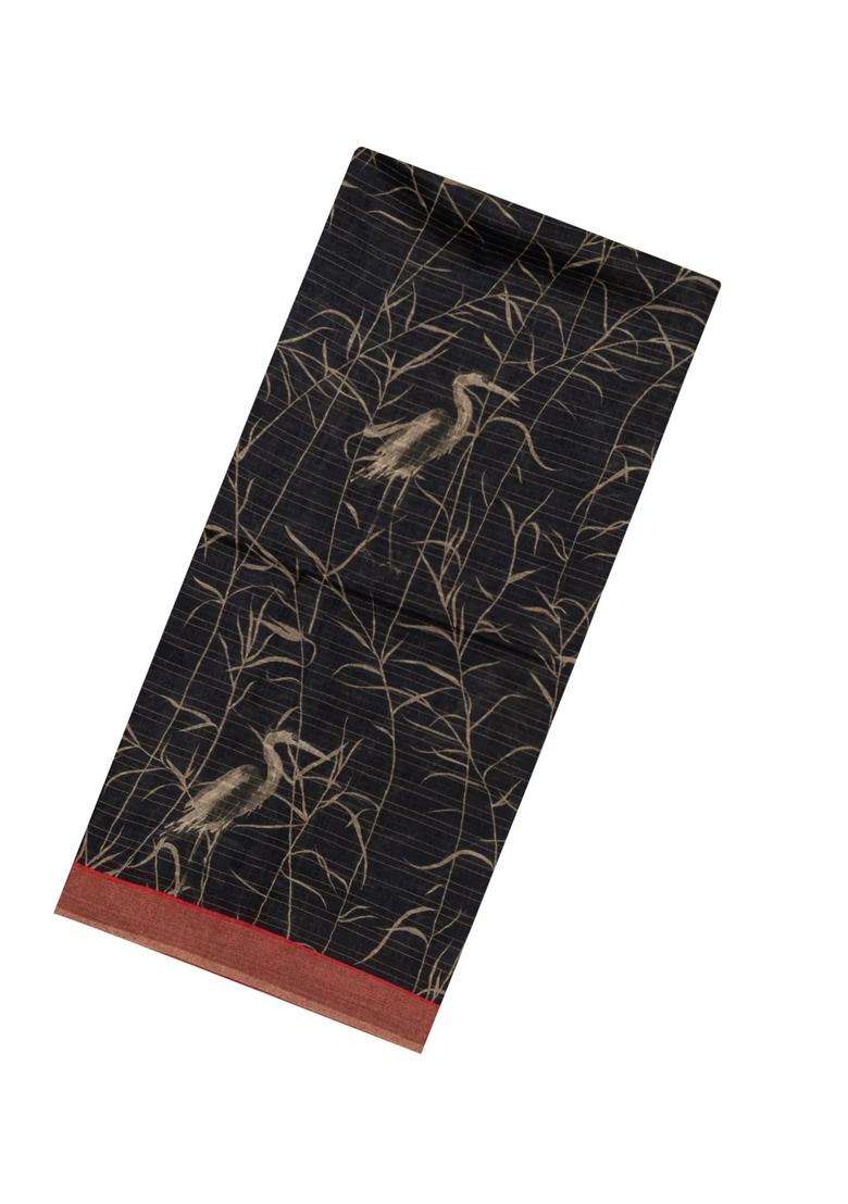 Black Handloom Tussar Silk Saree With Printed Floral Motifs For Women - Indya