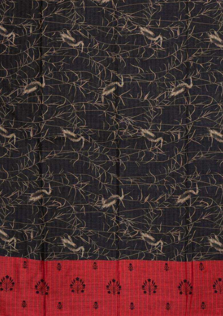 Black Handloom Tussar Silk Saree With Printed Floral Motifs For Women - Indya