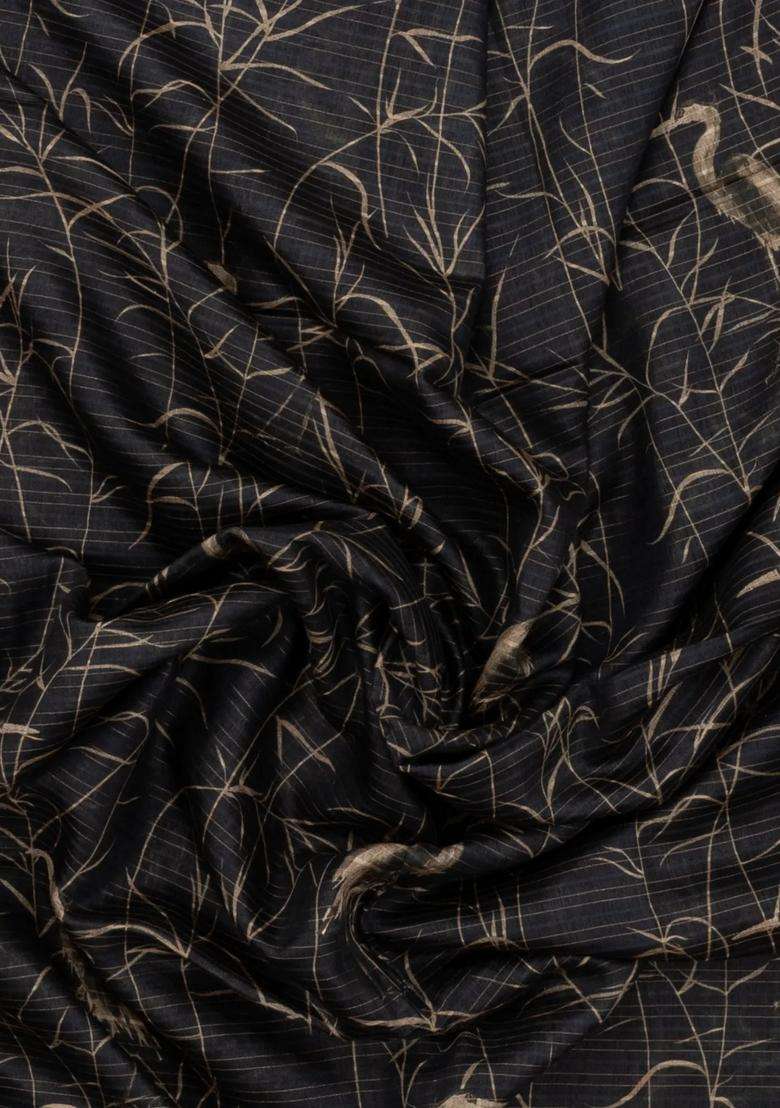 Black Handloom Tussar Silk Saree With Printed Floral Motifs For Women - Indya