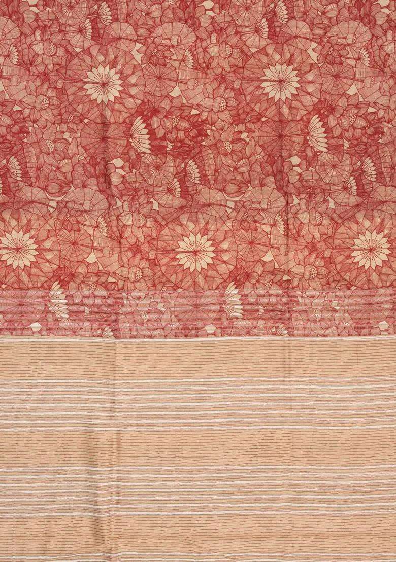 Crimson Handloom Tussar Silk Saree With Printed Floral Motifs For Women - Indya