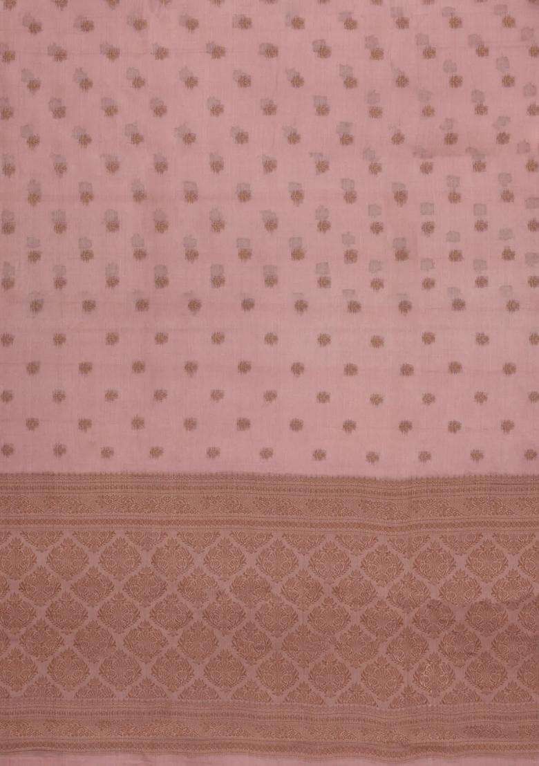 Baby Pink Woven Tussar Silk Saree With Floral Motifs With Buttas And Brocade Design For Women - Indya