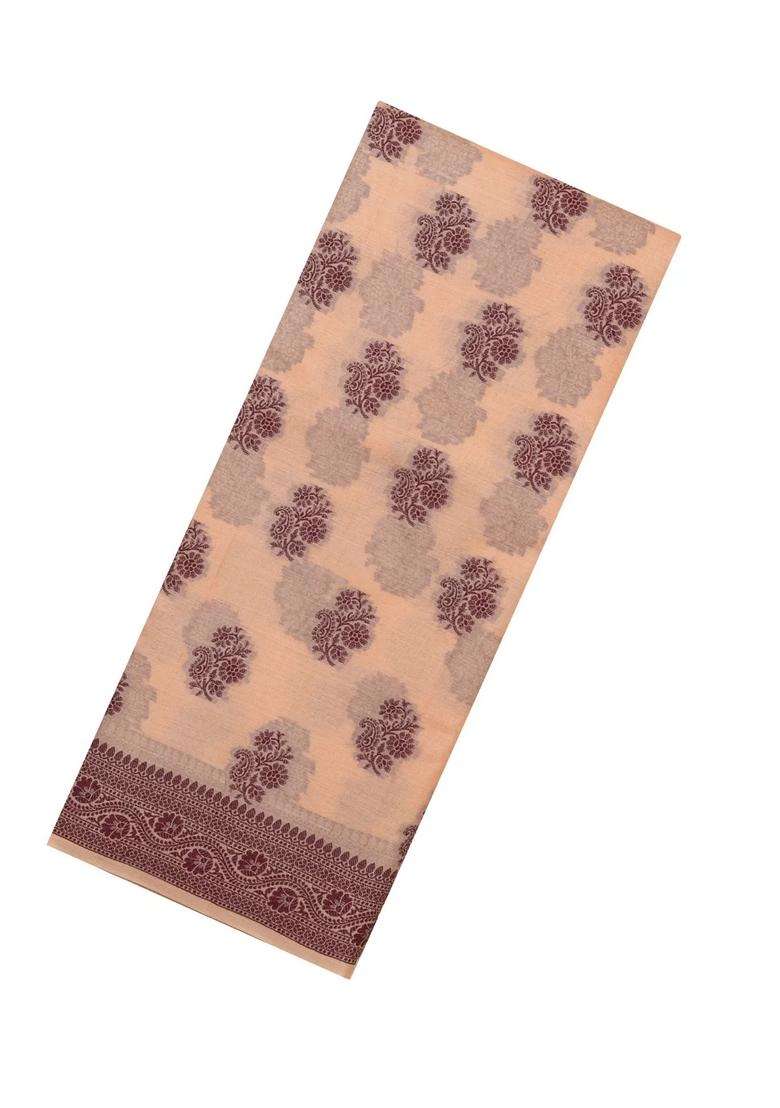 Light Peach Woven Tussar Silk Saree With Floral Motifs With Buttas And Brocade Design For Women - Indya