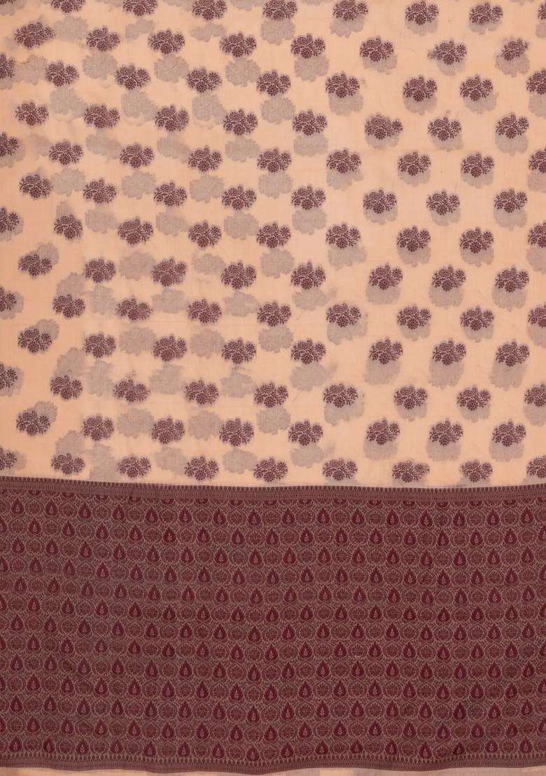 Light Peach Woven Tussar Silk Saree With Floral Motifs With Buttas And Brocade Design For Women - Indya