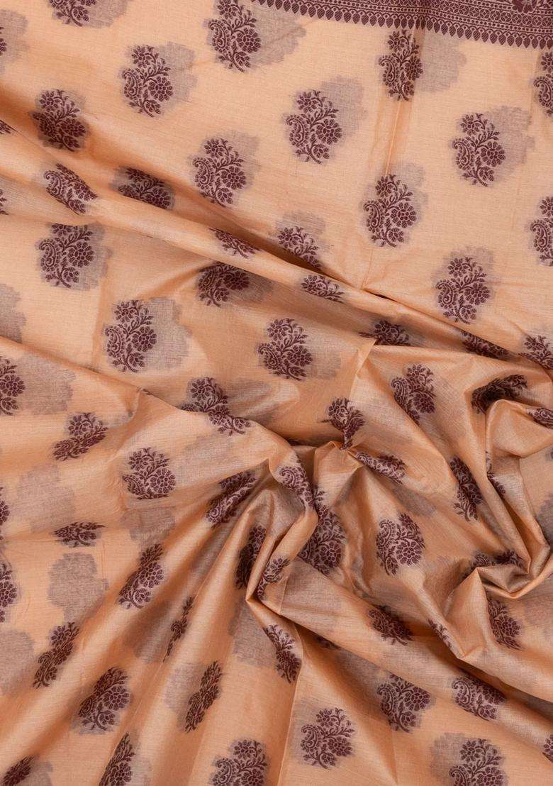 Light Peach Woven Tussar Silk Saree With Floral Motifs With Buttas And Brocade Design For Women - Indya