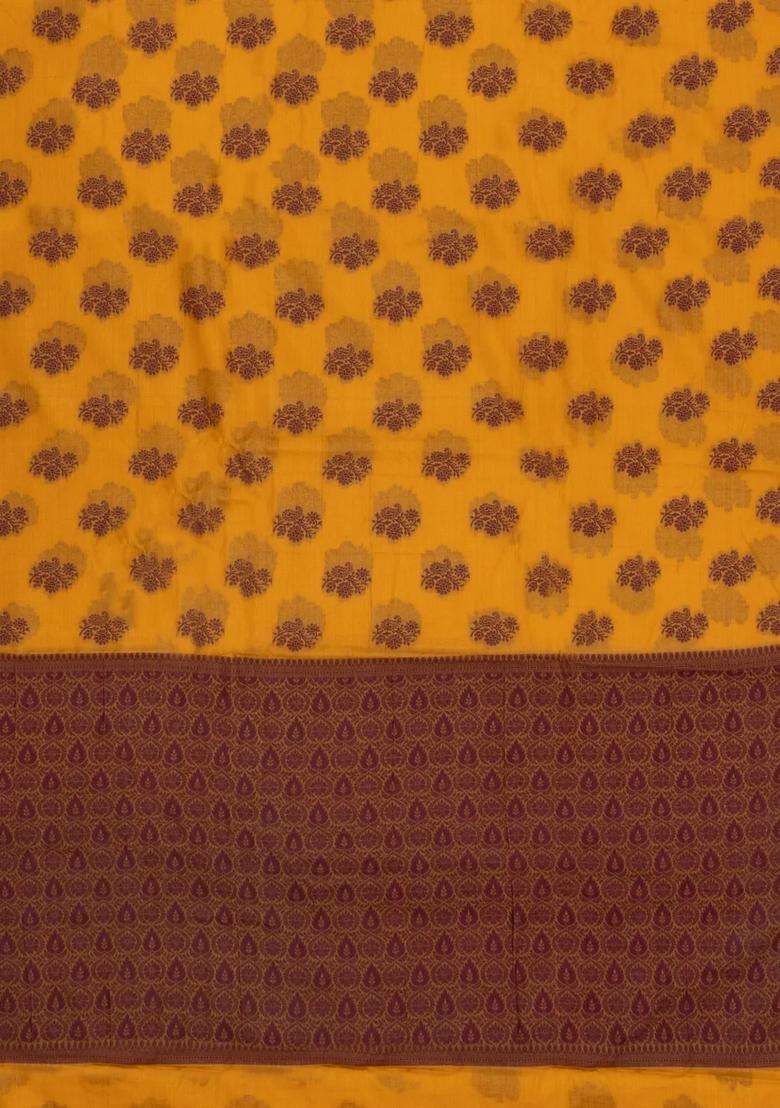 Mustard Woven Tussar Silk Saree With Floral Motifs With Buttas And Brocade Design For Women - Indya