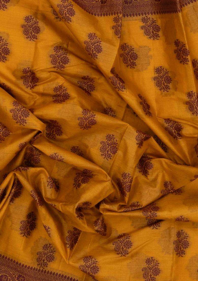 Mustard Woven Tussar Silk Saree With Floral Motifs With Buttas And Brocade Design For Women - Indya