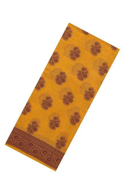 Mustard Woven Tussar Silk Saree With Floral Motifs With Buttas And Brocade Design For Women