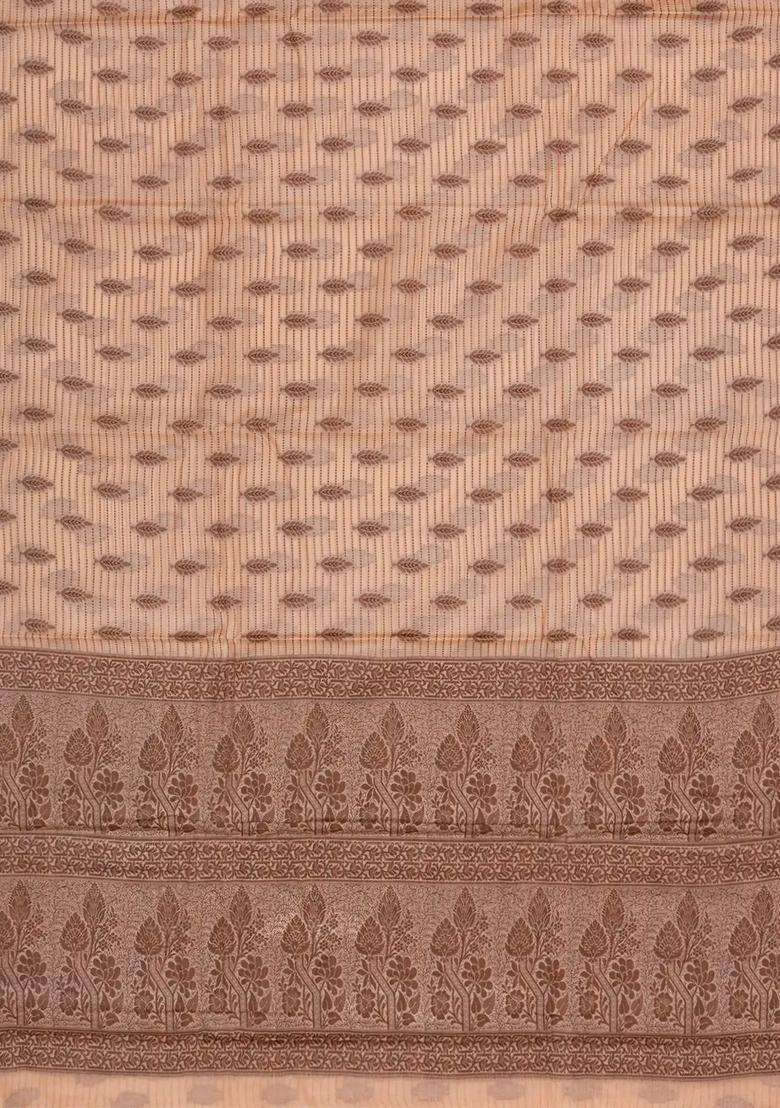 Light Peach Woven Tussar Silk Saree With Floral Motifs With Buttas And Brocade Design For Women - Indya