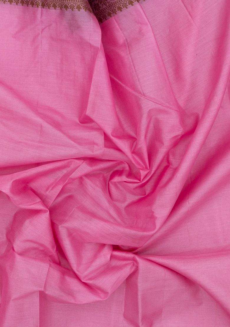 Bubblegum Pink Woven Tussar Silk Saree With Thread Work Border With Buttas And Brocade Design For Women - Indya